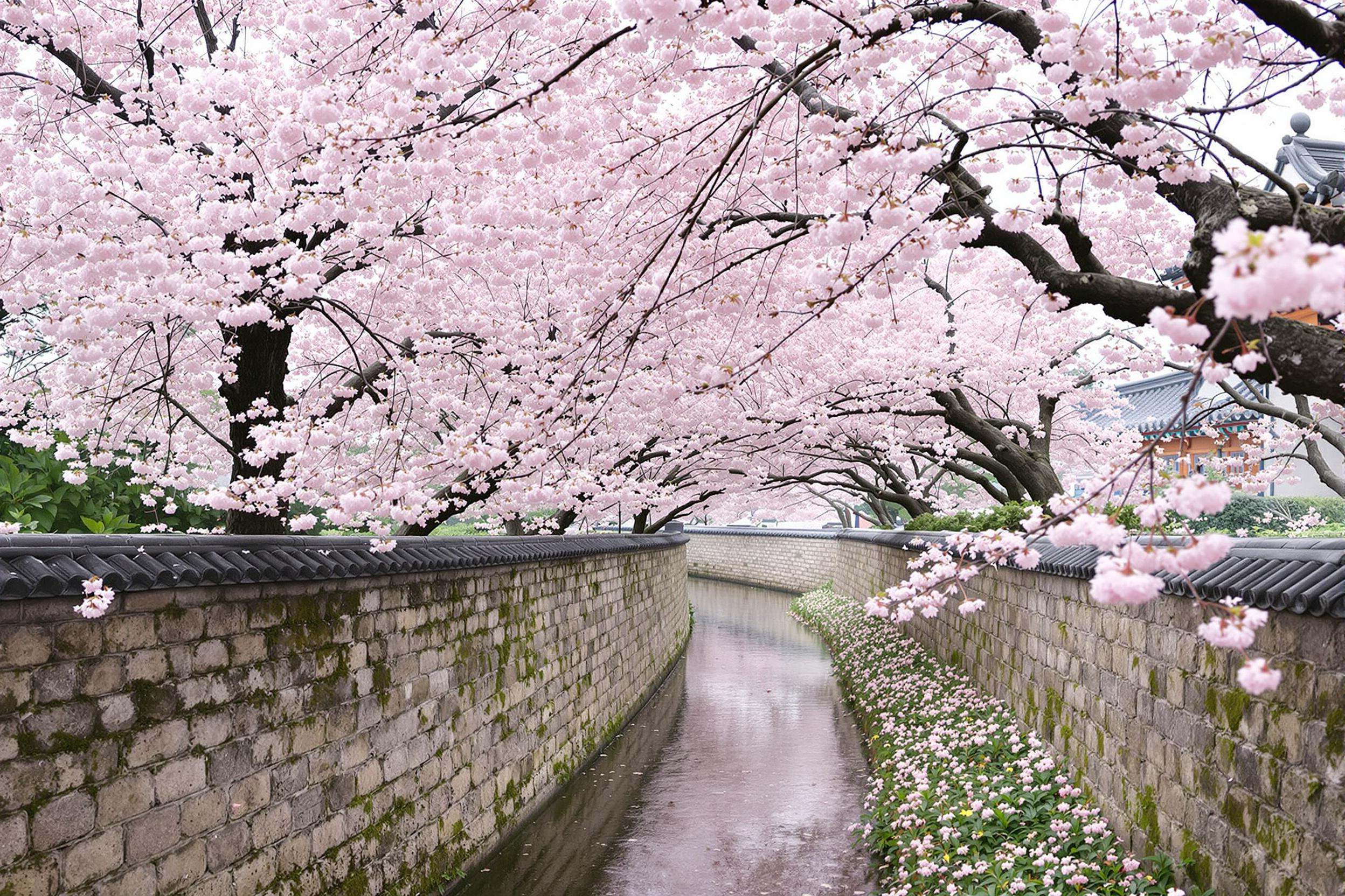 Cherry blossoms over a Seoul stream path